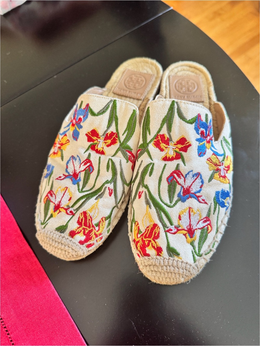 Tory Burch Beige Canvas Espadrille Mules with Multicolor Floral Embroidery